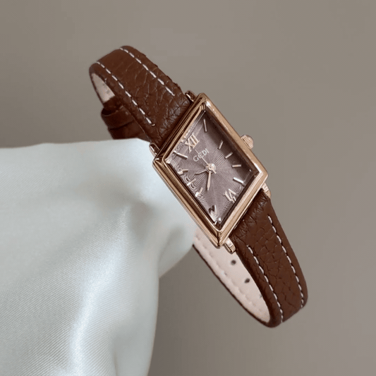 Warm Geometry：Brown Dial Watch with Gold Diamond-Shaped Bezel & Brown Leather Strap Quartz