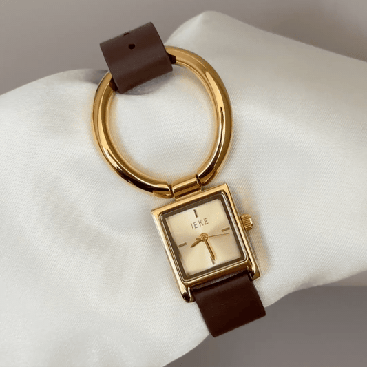 Gold-Brown Warmth: A Warm Gold & Brown Statement – Rectangular Dial, Gold Bezel & Magnetic Buckle Leather Strap