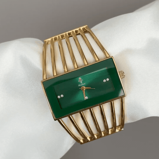 Gilded Cuff: Green Elongated Rectangular Dial Watch with Gold Rectangular Bezel & Gold Stainless Steel Cuff Bracelet