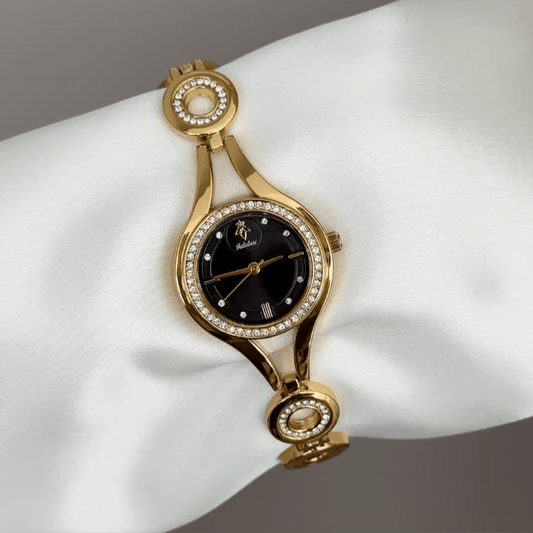 Daily Luxury: Black Round Dial Watch with Gold Diamond Bezel & Gold Chain Bracelet