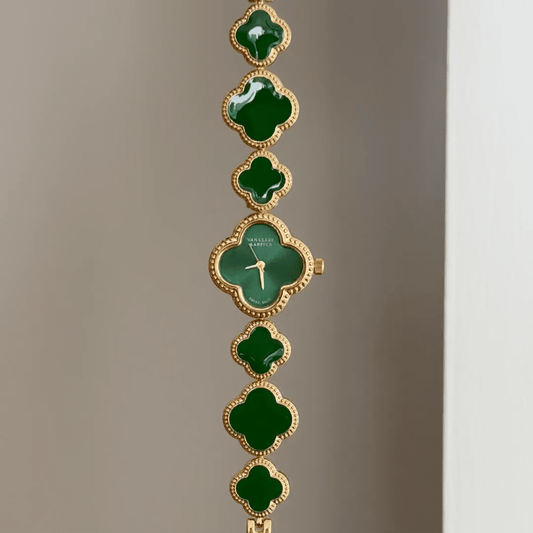 Natural Lucky: Green Four-Leaf Clover Dial Watch with Gold Clover Bezel & Green Clover Link Bracelet