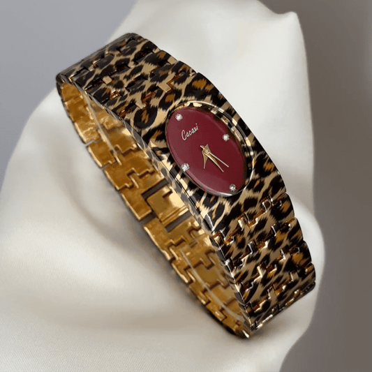 Geometric Fusion: Red Oval Dial Watch with Brown Rectangular Bezel & Brown Stainless Steel Bracelet