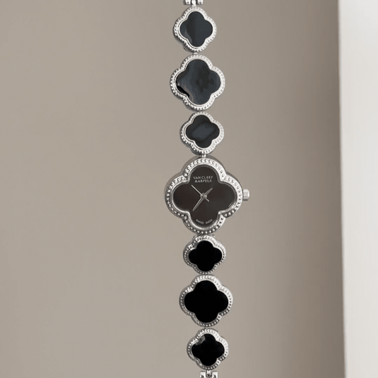 Dark Mystic: Black Four-Leaf Clover Dial Watch with Silver Clover Bezel & Bracelet