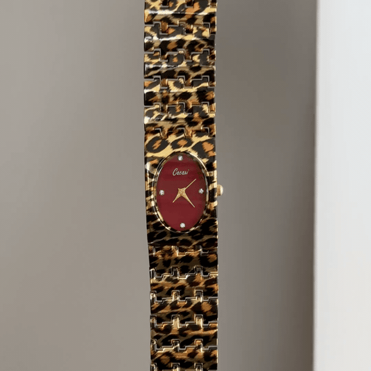Geometric Fusion: Red Oval Dial Watch with Brown Rectangular Bezel & Brown Stainless Steel Bracelet
