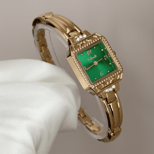 Gilded Glamour: Green Square Dial Watch with Gold Chain Bracelet