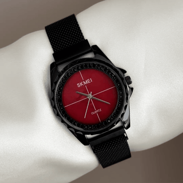 Urban Cool: Red Round Dial Watch with Black Bezel & Black Stainless Steel Bracelet