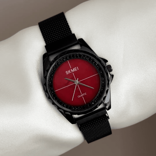 Urban Cool: Red Round Dial Watch with Black Bezel & Black Stainless Steel Bracelet