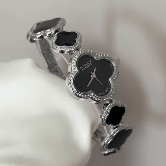 Dark Mystic: Black Four-Leaf Clover Dial Watch with Silver Clover Bezel & Bracelet