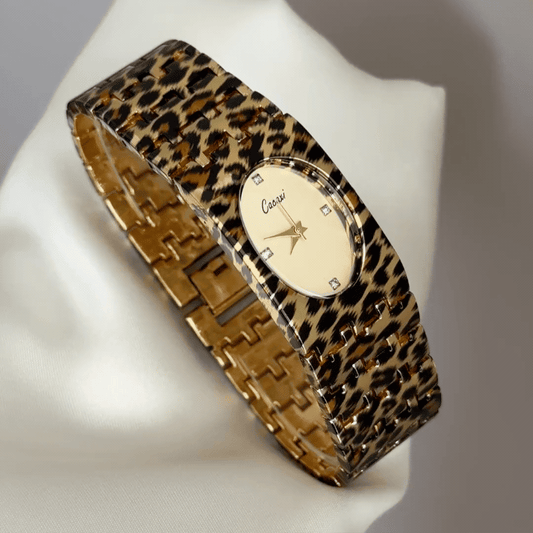 Geometric Artistry: Gold Oval Dial Watch with Brown Rectangular Bezel & Brown Stainless Steel Bracelet