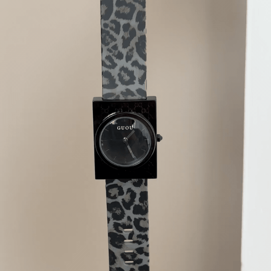 Urban Cool: Black Round Dial Watch with Black Rectangular Bezel & Black Leopard Print Silicone Strap