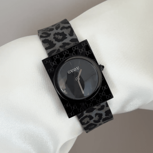 Urban Cool: Black Round Dial Watch with Black Rectangular Bezel & Black Leopard Print Silicone Strap