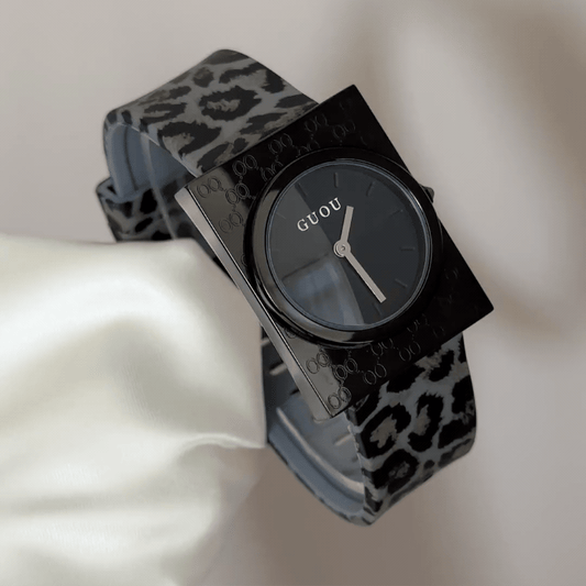 Urban Cool: Black Round Dial Watch with Black Rectangular Bezel & Black Leopard Print Silicone Strap