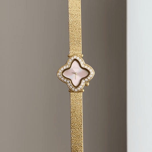 Soft Pink: Pink Four-Leaf Clover Dial Watch with Gold Clover Bezel & Gold Stainless Steel Bracelet