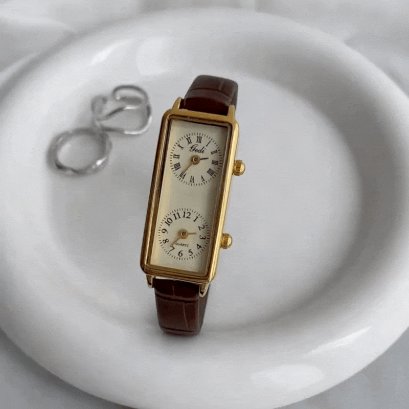 brown leather dual dial watch for women with double dial design