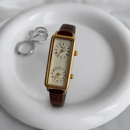brown leather dual dial watch for women with double dial design