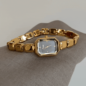Noir Gold – Rectangular Black Dial Watch with Beaded Bracelet