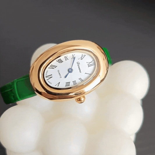 Olive Poise – Oval White Dial Watch with Green Leather Band