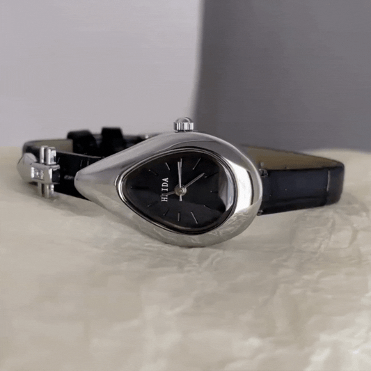Dewdrop Noir – Black Leather Teardrop Watch