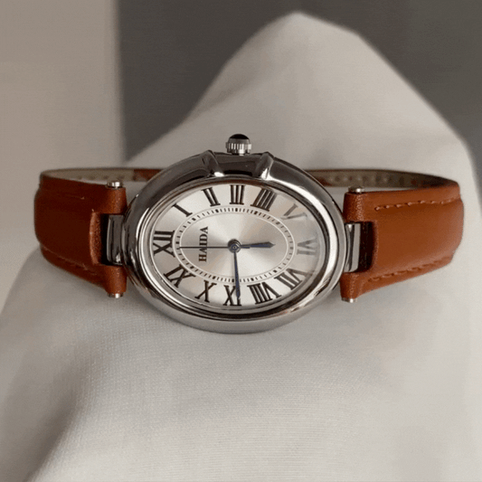 Élan Brun – Oval Silver Watch with Brown Leather