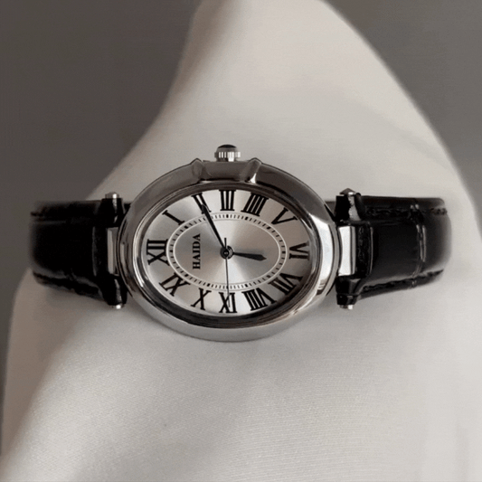 Noir Ellipse – Oval Silver Watch with Black Leather