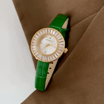 Edel Grace – Women’s Green Leather Watch with Crystal-Rimmed MOP Dial