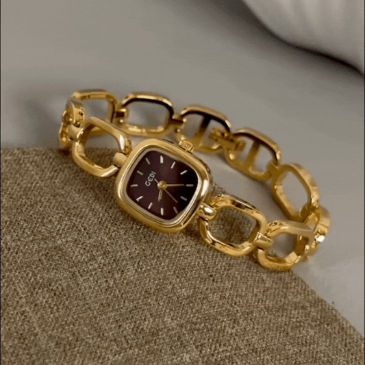 Sienna Frame – Women’s Gold Cutout Link Watch with Brown Face