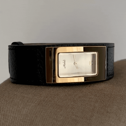 Black Women Rectangular Dial Watch Wide Genuine Leather Strap Gold Case Black Face Quartz Vintage Inspired – Nocturne