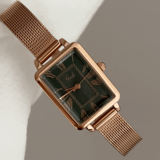 Elegant Women’s Quartz Watch – Rose Gold Strap with Rectangular Green Dial