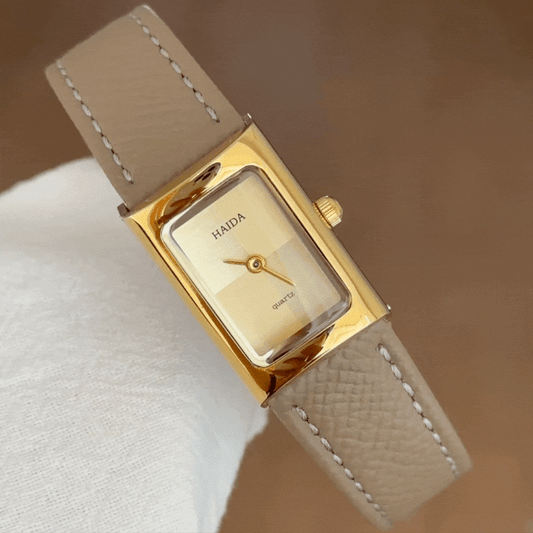 Women’s Quartz Watch – Elephant Gray Leather Strap with Rectangular Gold Case