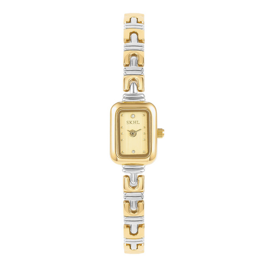 Vintage Women’s Quartz Bracelet Watch – Two-Tone Gold Chain with Rectangular Small Dial