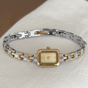 Vintage Women’s Quartz Bracelet Watch – Two-Tone Gold Chain with Rectangular Small Dial