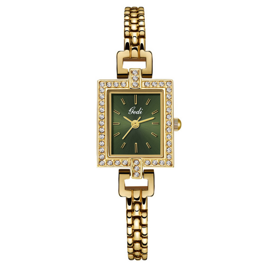 Vintage Women’s Quartz Bracelet Watch – Gold-Tone Chain with Green Square Dial & Crystal Accents, Waterproof