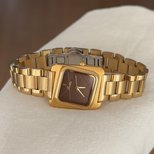 Women’s Quartz Watch – Gold Strap with Brown Square Dial, Elegant Fashion Wristwatch