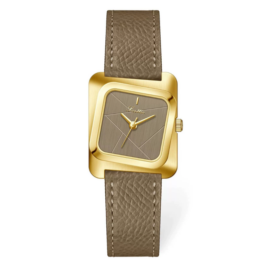 Elegant Women’s Quartz Watch – Elephant Grey Leather Strap, Gold Case, Geometric Square Dial