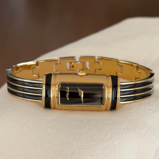Vintage-Inspired Black Gem Bracelet Women’s Quartz Watch – Long Rectangular Small Dial