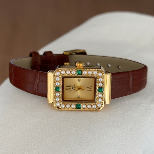 French Vintage Brown Leather Women’s Quartz Watch – Gold Rectangular Case with Diamond & Pearl Inlay