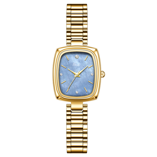 Fashion Elegant Gold Strap Women’s Quartz Watch – Rectangular Blue Dial