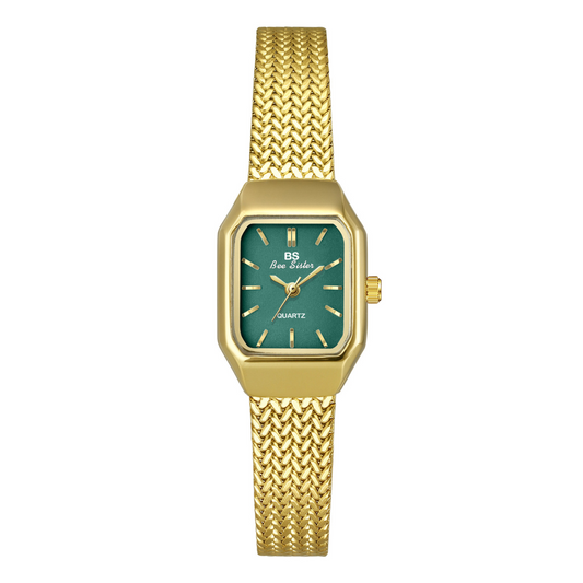 Minimalist Elegant Women’s Quartz Watch – Gold Wheat Chain Strap, Green Square Dial