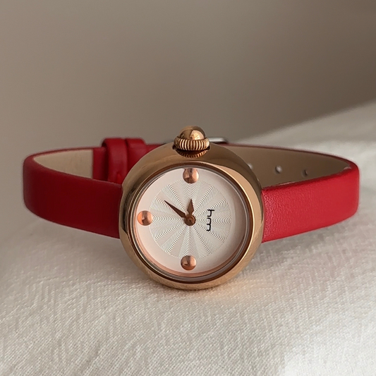 Rosélia Grace – Red Leather Strap Rose Gold Case White Round Dial Women’s Quartz Watch