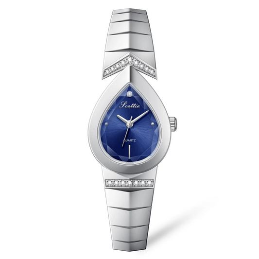 Sapphire Droplet – Silver Snake Chain Strap Diamond-Set Teardrop Blue Dial Women’s Quartz Watch