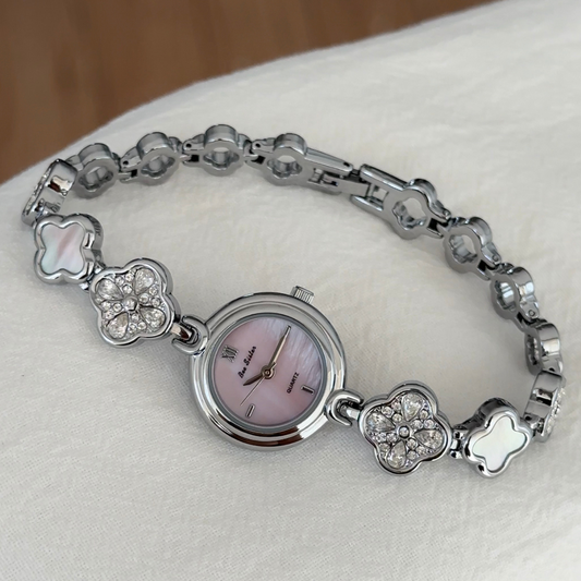 Clover Charm – Silver Clover-Link Bracelet Pink Mother-of-Pearl Dial Women’s Quartz Watch
