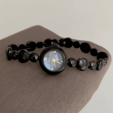 Noir Bead – Black Beaded Bracelet Small Round Dial Women’s Quartz Watch