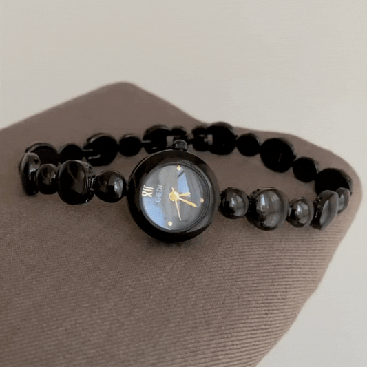 Noir Bead – Black Beaded Bracelet Small Round Dial Women’s Quartz Watch