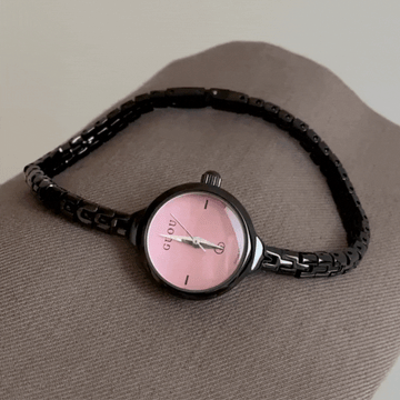 Trendy Women’s Quartz Watch – Black Slim Strap with Pink Round Dial, Sweet and Cool Fashion Style