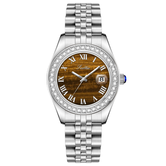 Silver Tiger’s Eye Dial Quartz Watch for Women – Stainless Steel Elegance