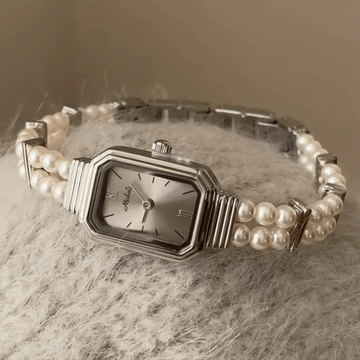 Parisian Pearl – Silver Rectangular Dial Women’s Quartz Watch with Elegant Pearl Bracelet Design