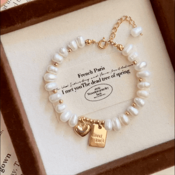 Elegant Gold Heart Bracelet with Natural Freshwater Pearl & Good Luck Charm
