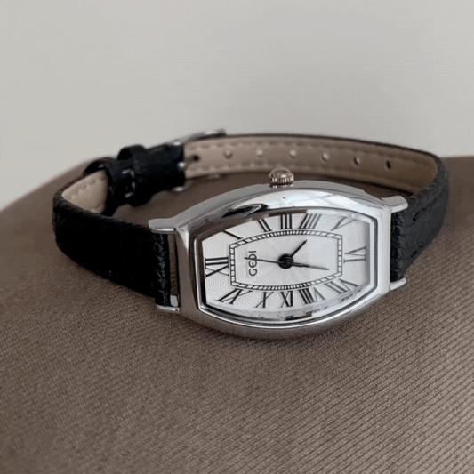Élan Tonneau – White Dial Watch with Black Leather Strap