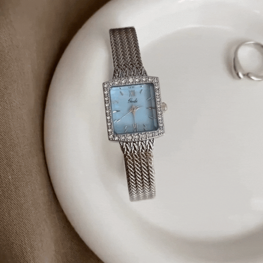 Frosted Blue Timepiece: Square Mother-of-Pearl and Diamond Mesh Band Watch