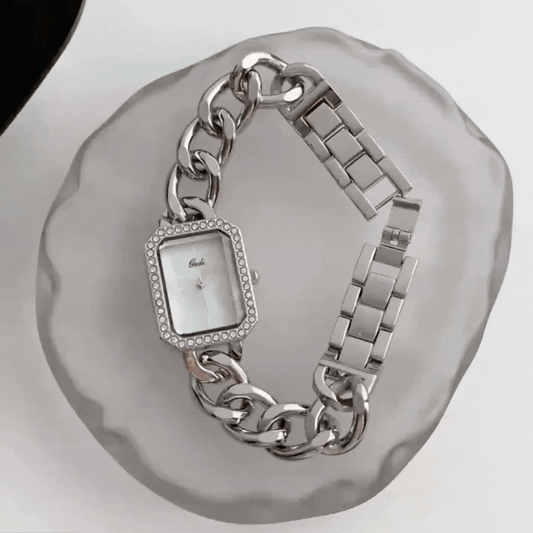 Chérie Blanc – Silver Bracelet Watch with Crystal-Set Rectangular Dial